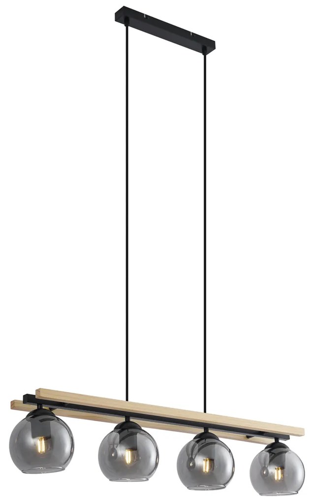 Nowoczesna lampa wisząca czarna z drewnem i przydymionym szkłem 4-źródła światła - Aleks Nowoczesny Oswietlenie wewnetrzne