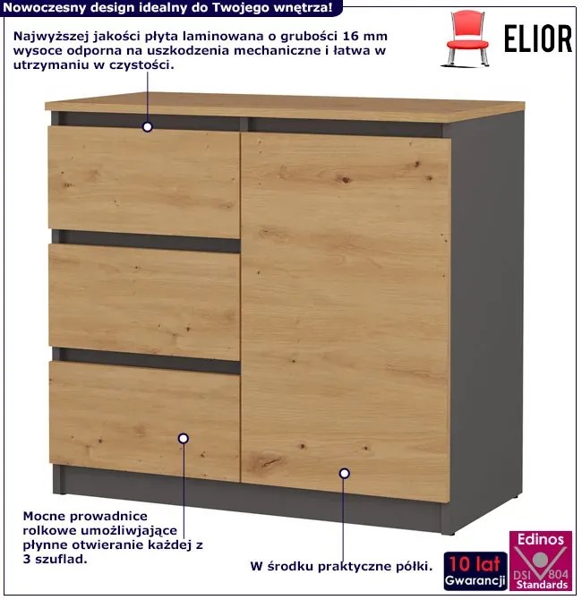 Komoda Z 3 Szufladami I Szafką Antracyt + Dąb Artisan P9-B26
