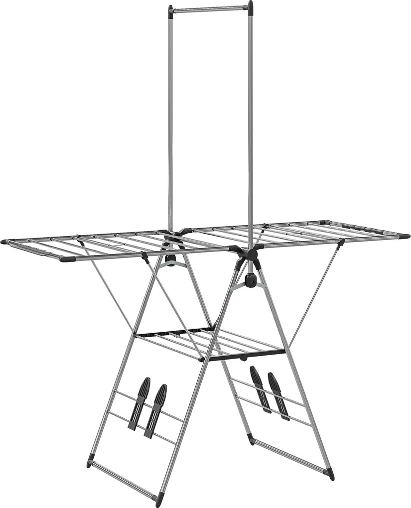 HOMCOM Suszarka na pranie składana stojąca suszarka z regulowanymi skrzydłami, uchwytami na buty, stal nierdzewna, 156,5 x 68 x 192 cm, srebrny