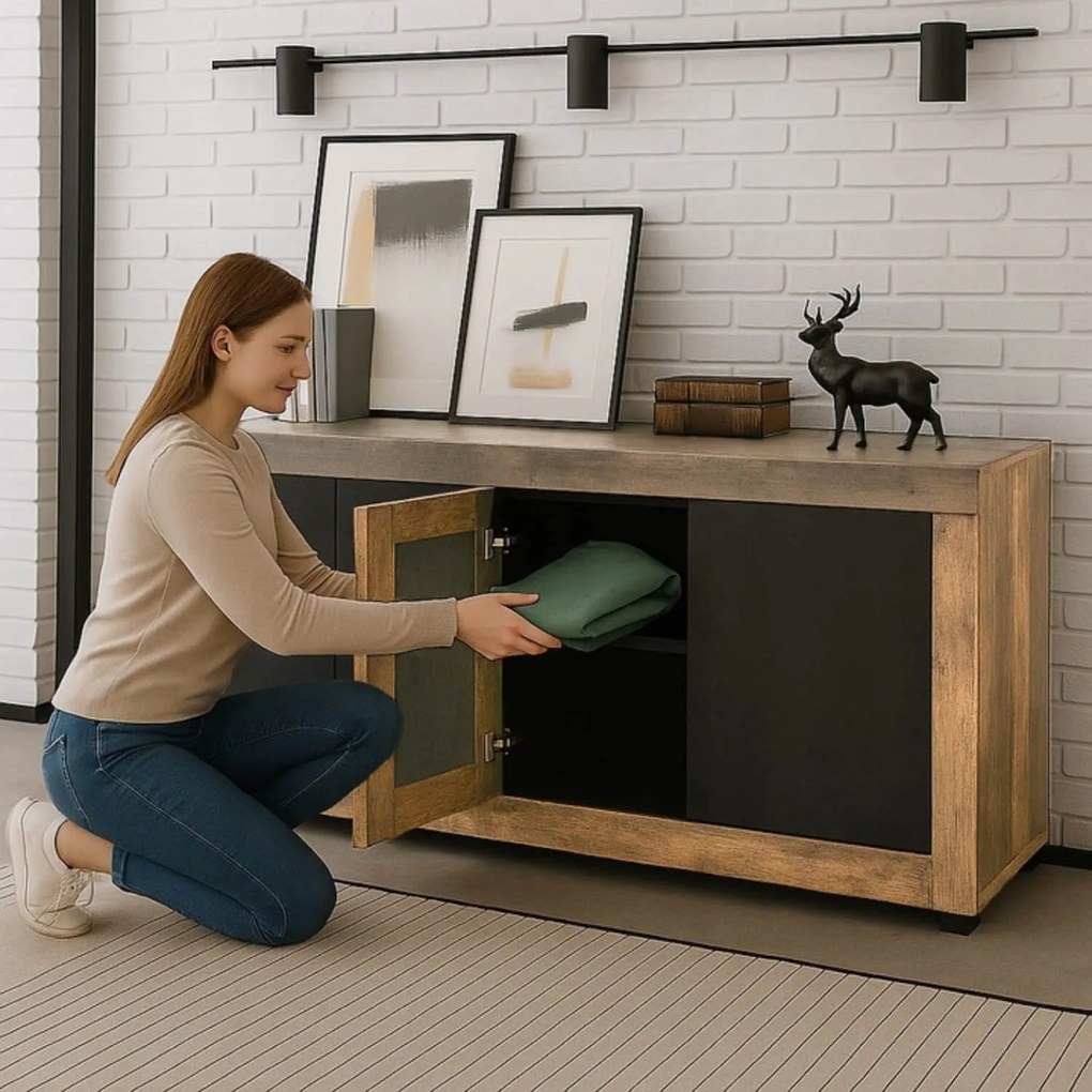 Komoda Czterodrzwiowa BLAGO 180 cm Czarny/Surowy Dąb Loft