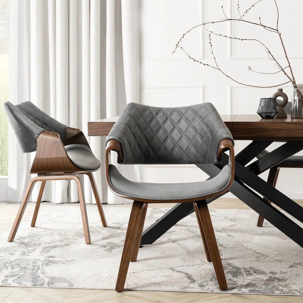 Krzesło Tapicerowane LUISE Szare/Orzech Welurowe Drewno Gięte Nowoczesne Loft
