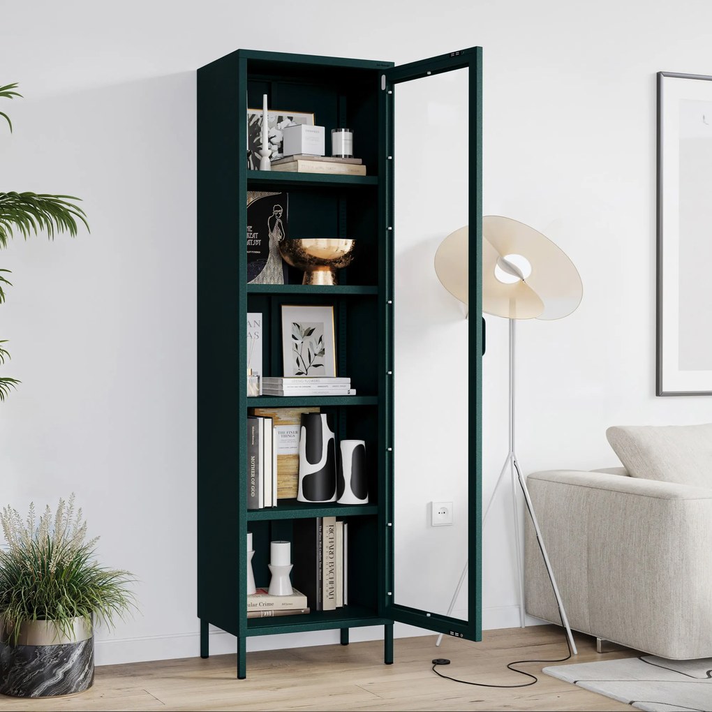 Witryna szklana do salonu wąska butelkowa zieleń Modern LUIGI 500 x 1800 x 350 mm