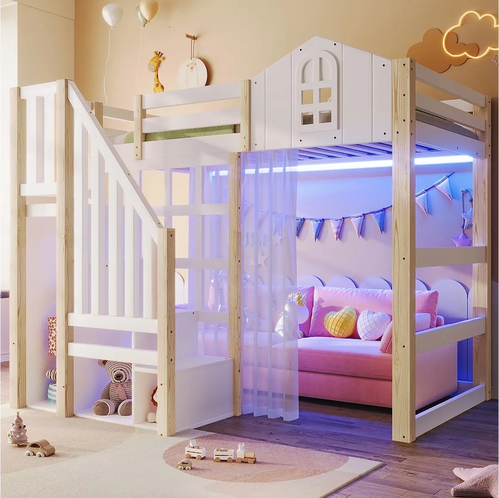 Łóżko piętrowe dla dzieci - 90 x 200 cm - z oświetleniem LED + drabinka ze schowkiem - kształt okna - drewno - białe + naturalne