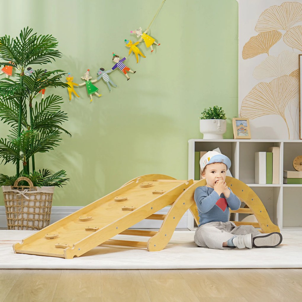 AIYAPLAY Zestaw wspinaczkowy dla dzieci, design 4 w 1 z mostkiem łukowym, huśtawką, poduszką, rampą zjeżdżalnią, do użytku wewnętrznego, Drewno