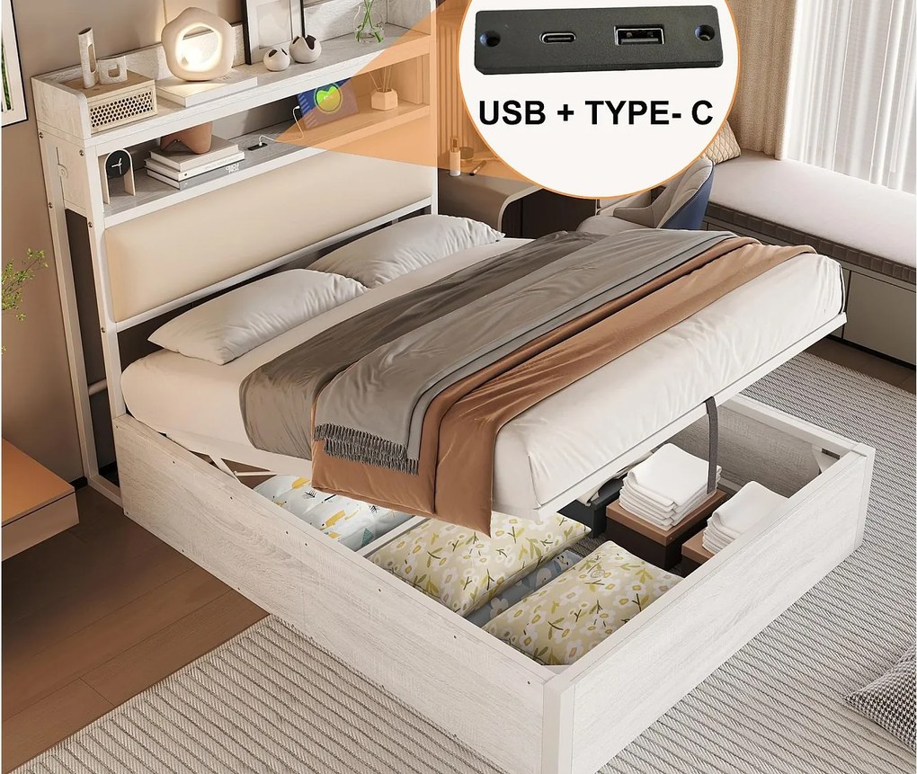 Łóżko z pojemnikiem 90x200 cm - z portem USB i półkami - Białe (materac nie jest wliczony w cenę)