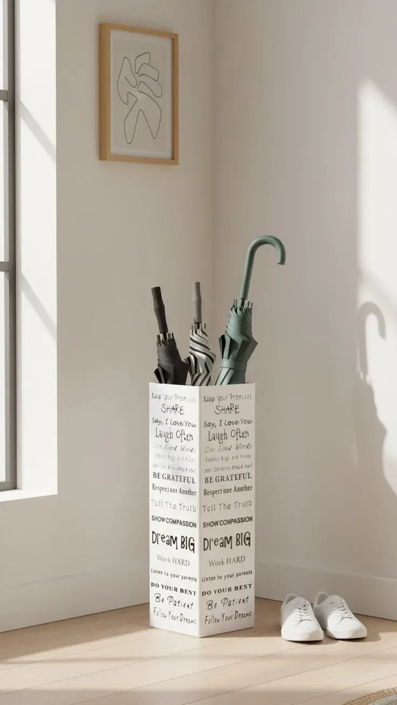 Biały prostukątny stojak na parasole z napisami K7-T06