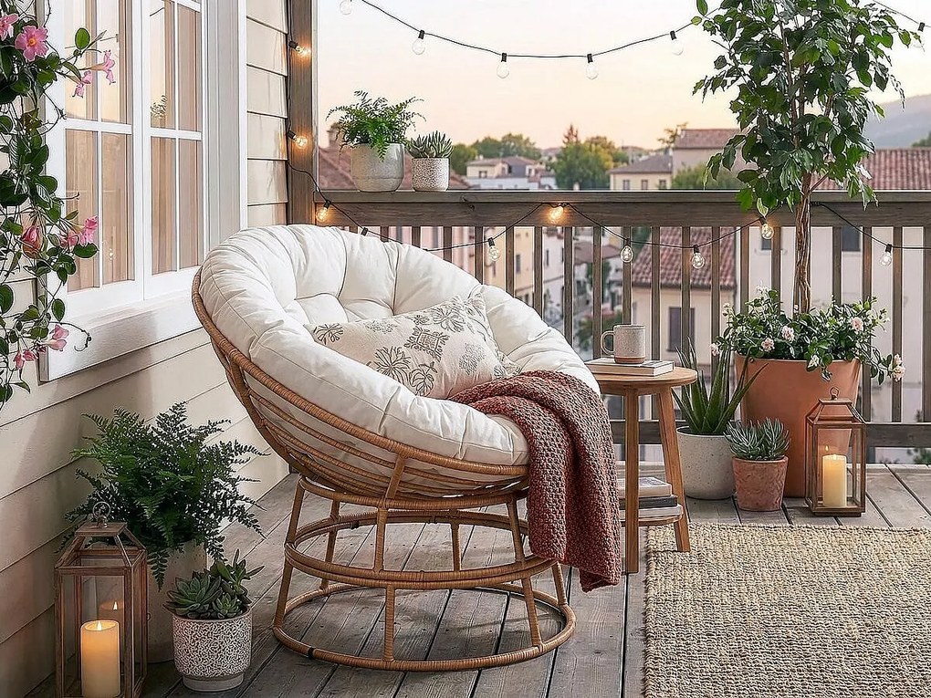 Fotel Papasan Loveuse "Bali" Beżowy Ø91cm Metal i Rattan Żywica z Grubą Poduszką Komfort Wewnętrzny Zewnętrzny