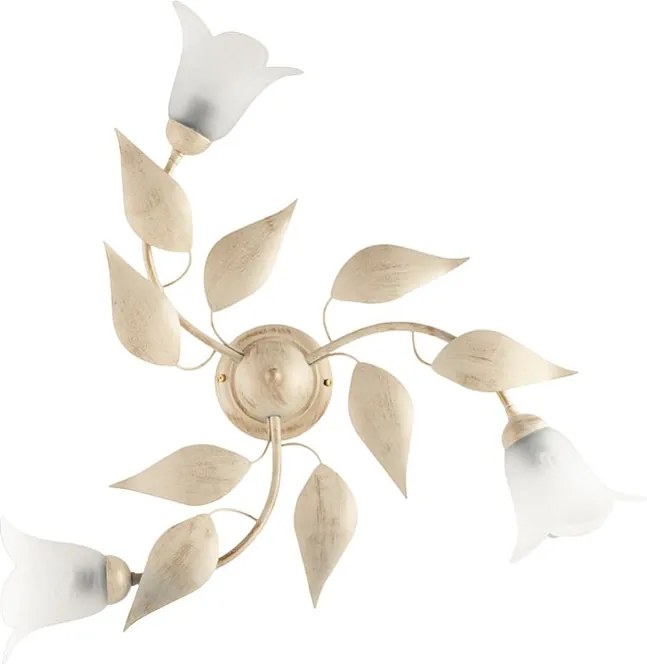 Olga - lampa sufitowa z lakierowanego żelaza w kolorze kości słoniowej, dekor stare złoto, klosze z białego alabastru Ø14 cm, 3 światła, Ø67 cm