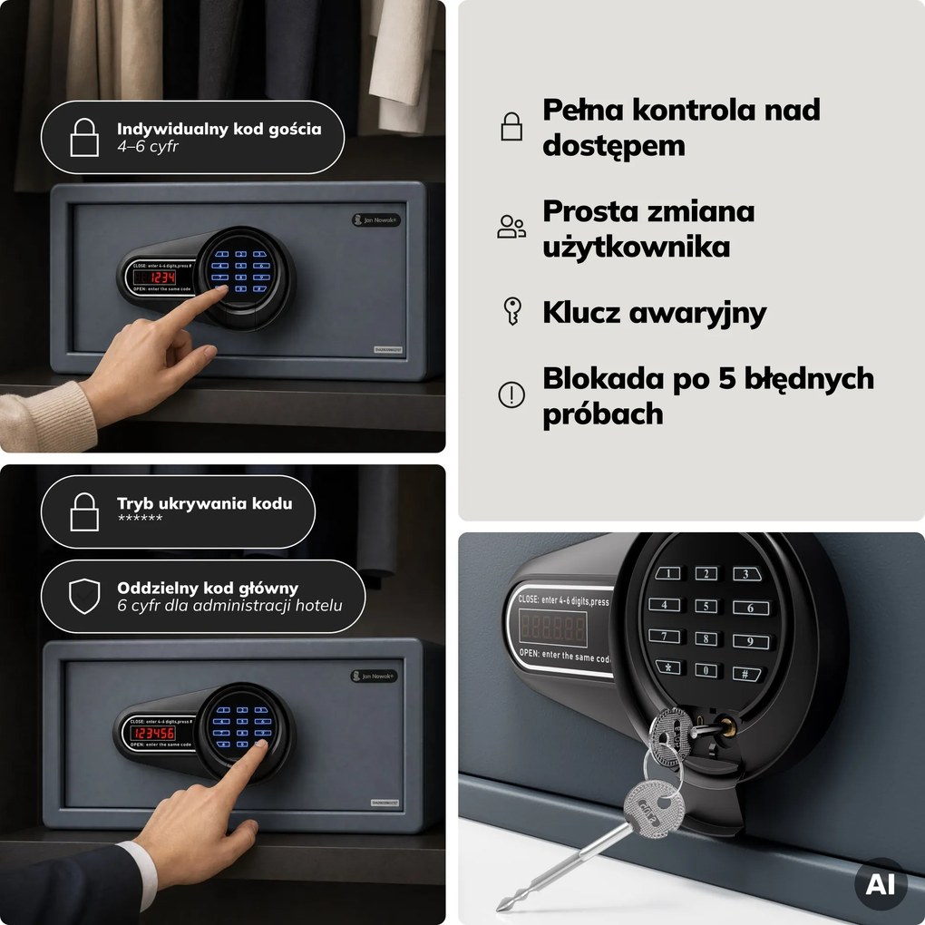 Sejf hotelowy elektroniczny z zamkiem na kod, na laptopa 15″ i dokumenty, 200 x420x370 mm: ALFRED