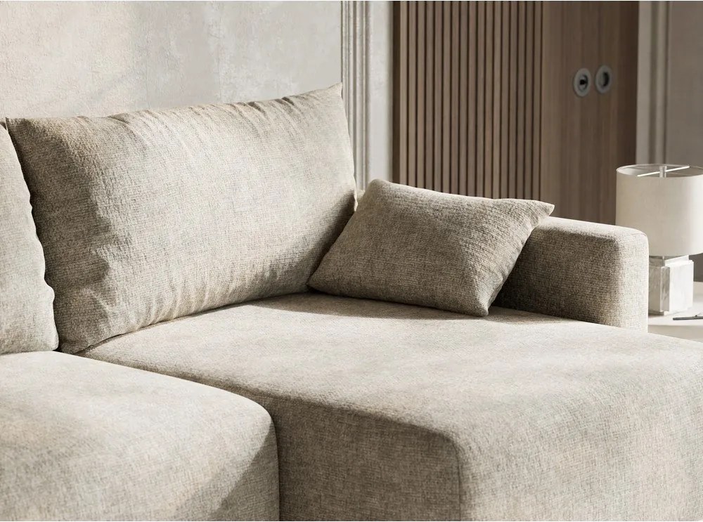 Beżowy rozkładany/ze schowkiem narożnik z tkaniny szenilowej (prawostronny/z szezlongiem) Leon – Maison de Rêve