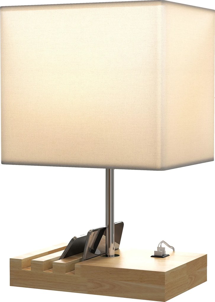 HOMCOM Lampka nocna, złącza USB, drewno, tkanina, przełącznik kołyskowy, przegródki, biały
