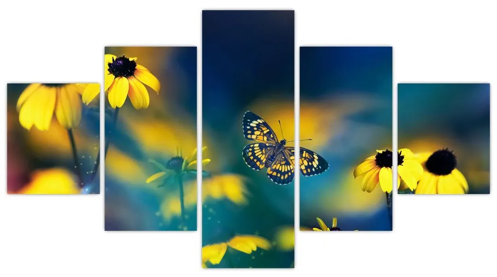 Obraz - Żółty motyl z kwiatami (125x70 cm)