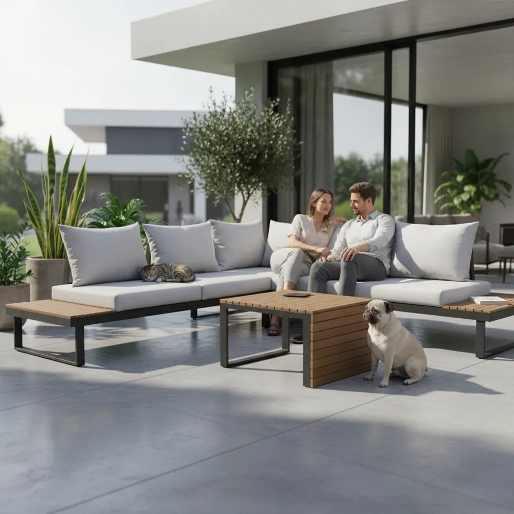 Zestaw Mebli Ogrodowych MARBELLA z Sofą Narożnikiem i Stolikiem SZARY