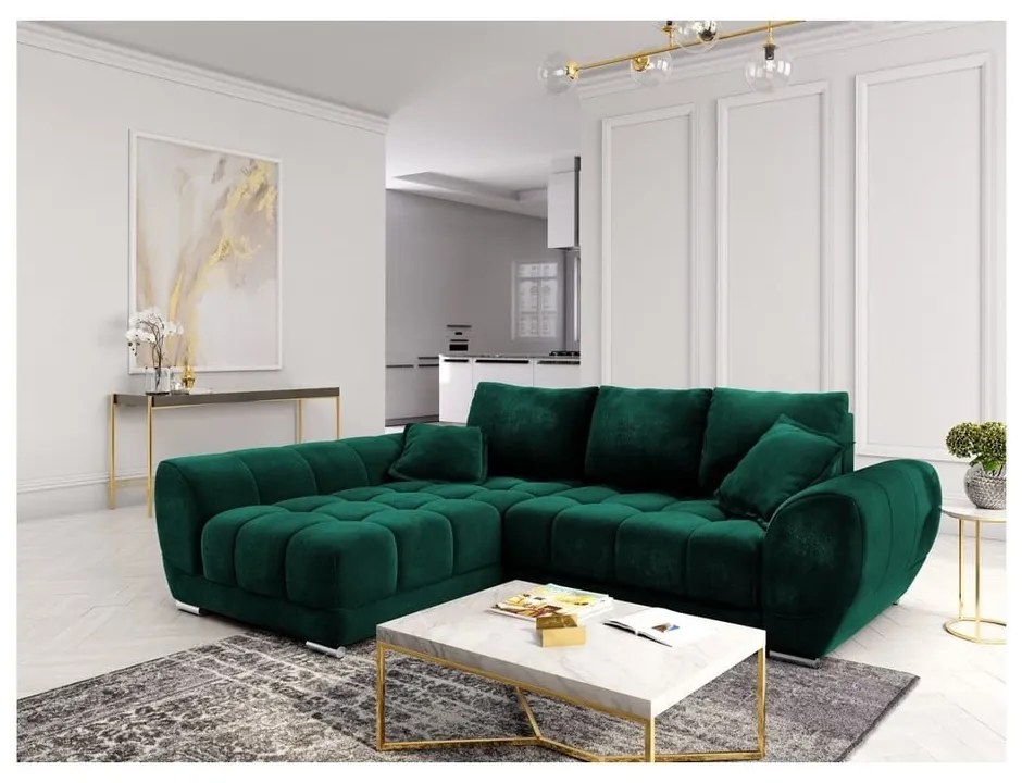 Butelkowozielony rozkładany narożnik z aksamitnym obiciem Windsor &amp; Co Sofas Nuage, lewostronny