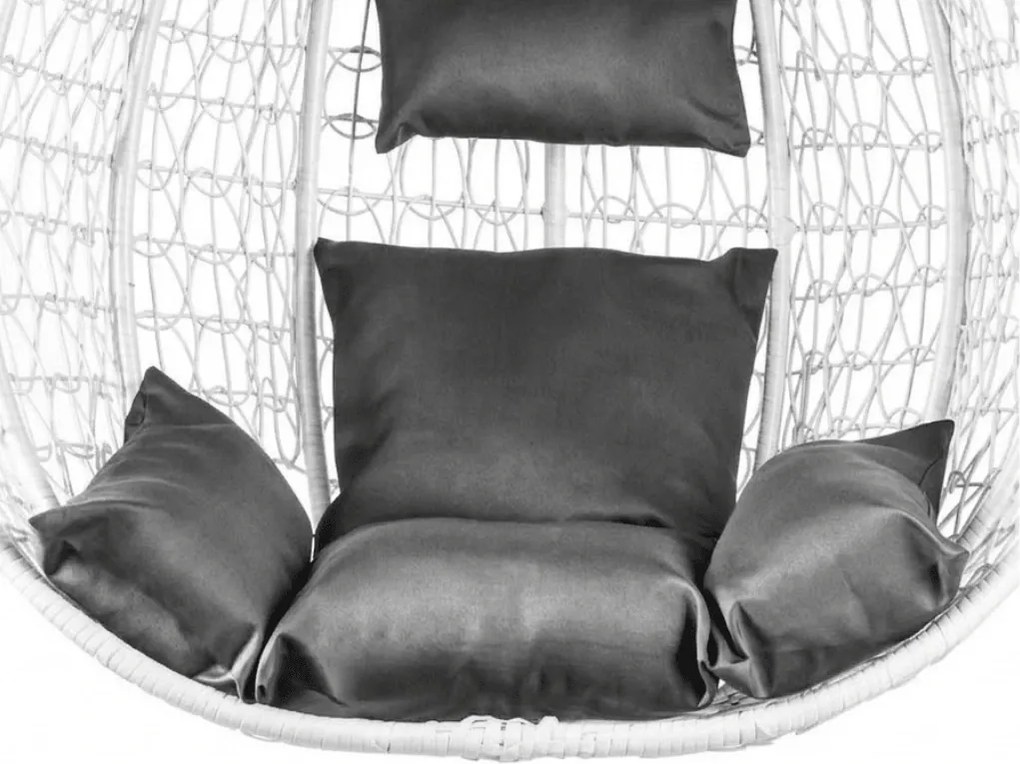 Białe wiszące krzesło KOKON ze stojakiem, szara poduszka