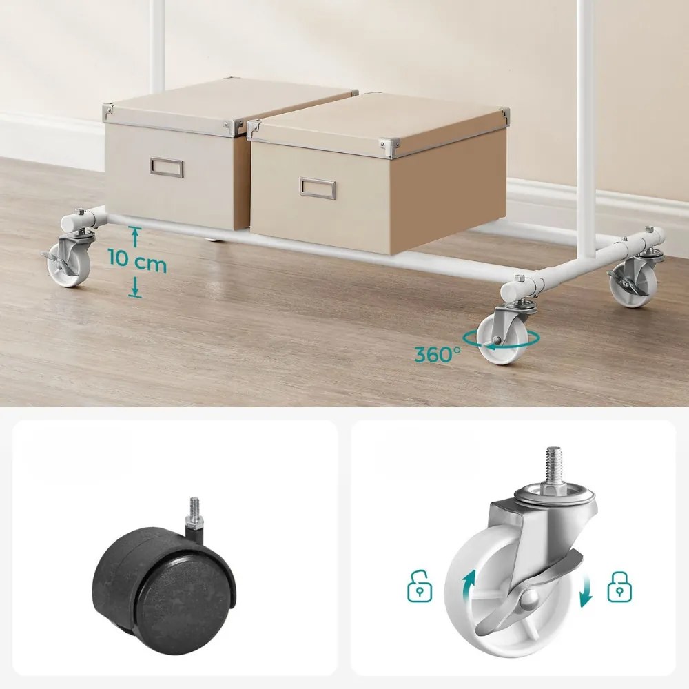 SongmicsHome Stojak na ubrania INEZ na kółkach, maks. 90kg, 83,5x45x160cm, biały