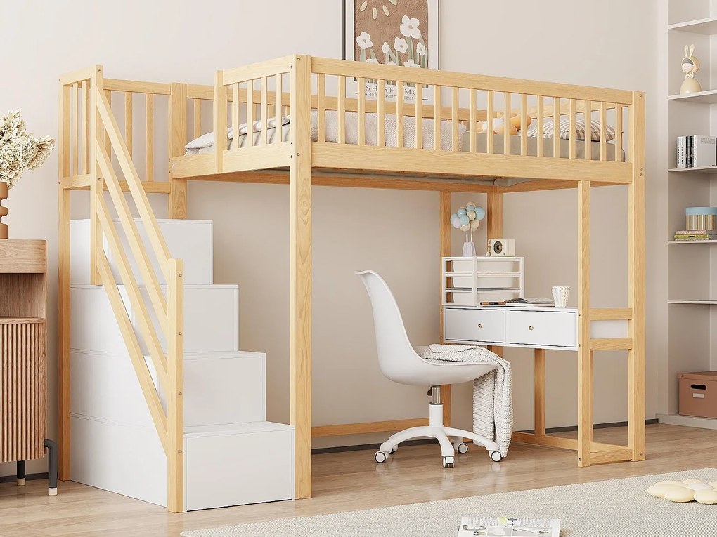 Łóżko mezzanine 90x200cm z drewna - z biurkiem i schodami do przechowywania - Naturalne i Białe