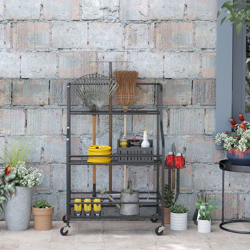 Outsunny Organizer Narzędzi Ogrodowych 3-poziomowy Stojak na Narzędzia Ogrodowe z Hakami do 40 kg 77x40x97cm Czarny