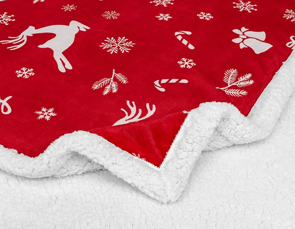 Świąteczny koc czerwony z mikropluszu z barankiem CANDY BELLS Rozmiar: 160 x 200 cm