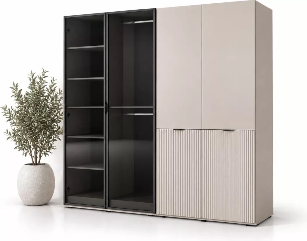 Szafa 4-drzwiowa 202 cm Dickson z przyciemnianymu szklanymi frontami - minimalistyczna szafa do salonu