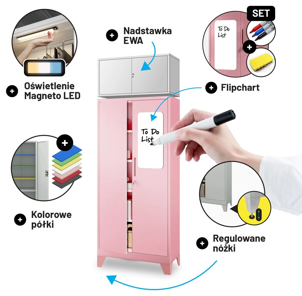 Szafa na dokumenty biurowa metalowa pudrowy róż: Fresh Style JAN H, 900 x 1950 x 400 mm