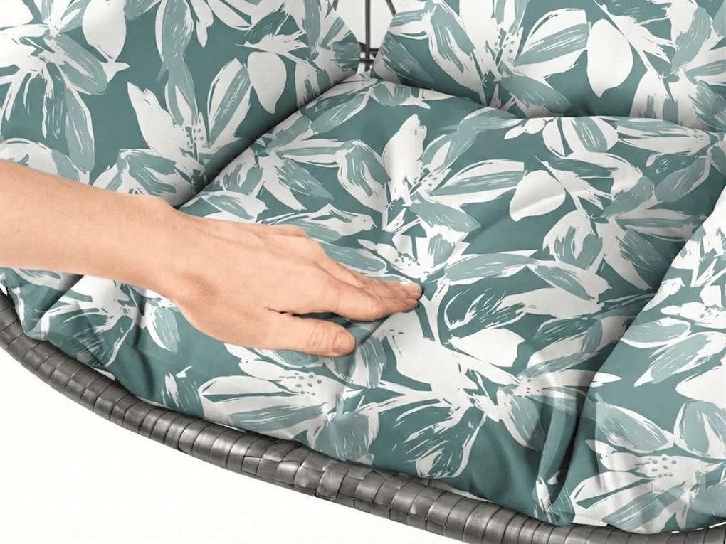 Szare wiszące krzesło KOKON bez stojaka, zielono-biała poduszka