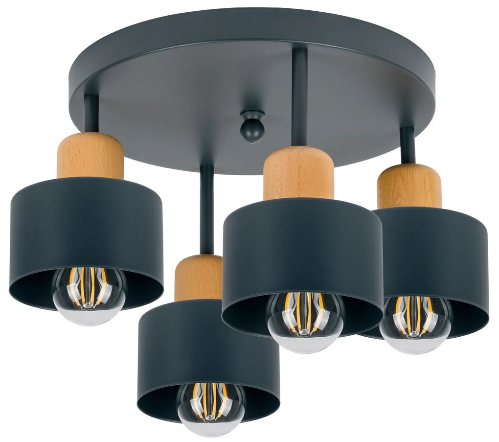 Antracytowa lampa sufitowa, czteropunktowy spot D4BU3030AN z drewna i