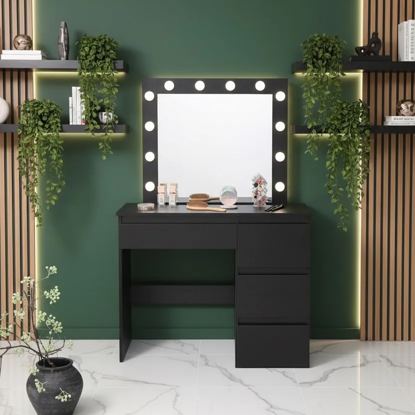 Toaletka z lustrem, oświetleniem i szufladami Claris DT06, czarna