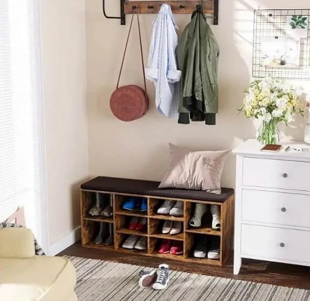 Szafka na buty z tapicerowaną ławką GABI, 10 przegródek, 104x30x48cm, czarna/ciemny brąz Vasagle