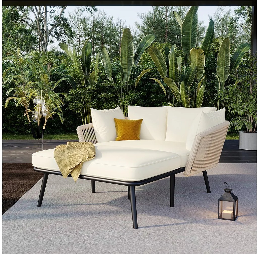 Sofa ogrodowa 2-osobowa z poduszkami, leżak - Stal i poliester - do ogrodu, na balkon - Beżowa