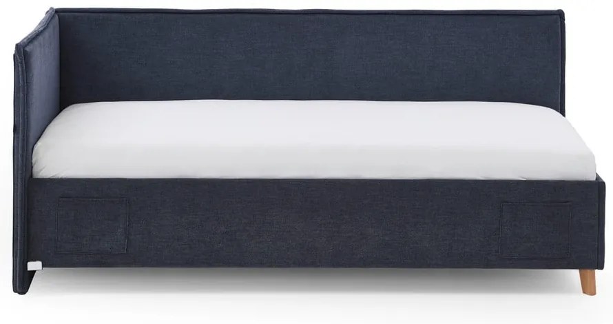 Ciemnoniebieskie tapicerowane narożne łóżko dziecięce ze schowkiem ze stelażem 140x200 cm Fun – Meise Möbel