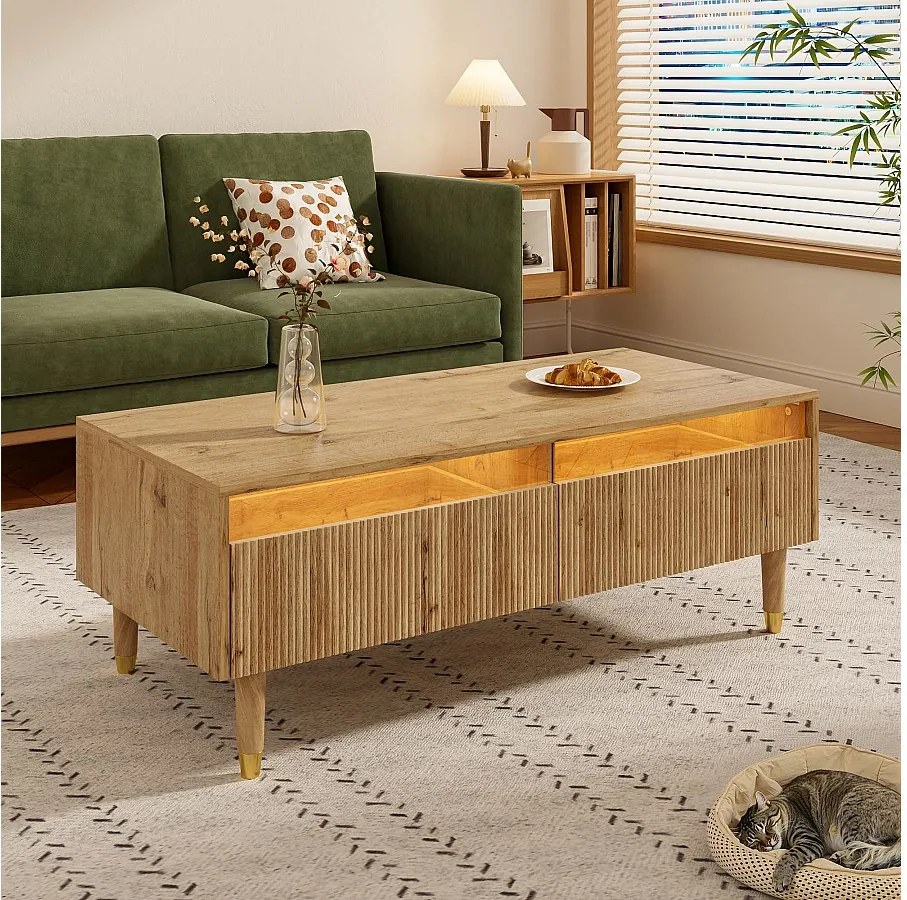 Drewniany prostokątny stolik kawowy - Stolik kawowy z 2 szufladami i oświetleniem LED - do salonu