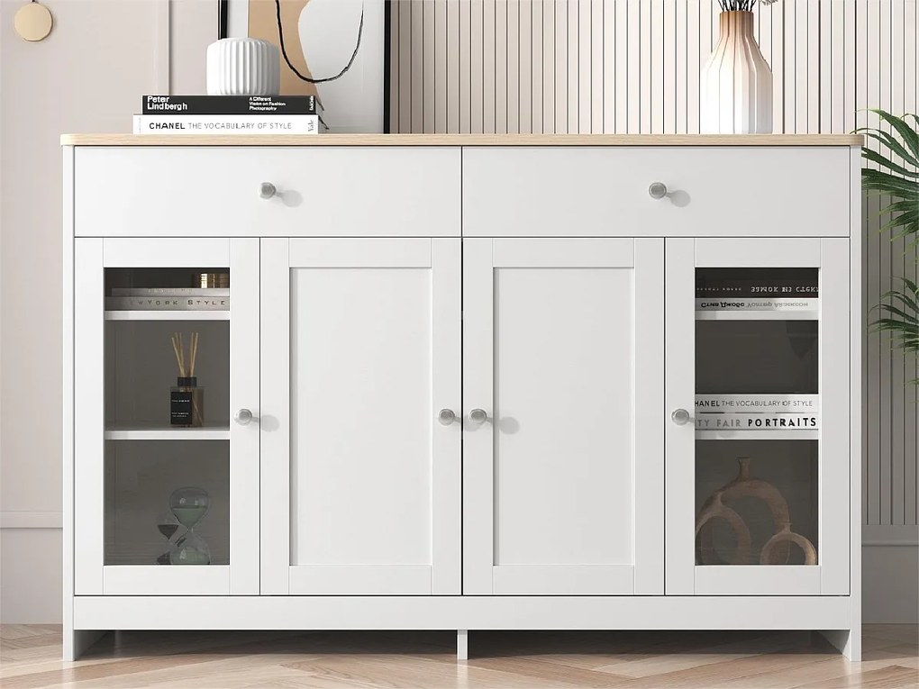 Komoda niska z 4 drzwiami i 3 szufladami - drewno MDF i szkło - do kuchni lub salonu - kolor biały i dębowy