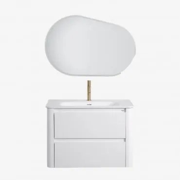 Zestaw Wiszących Mebli Łazienkowych Zintegrowany Z Umywalką Egerton Biała & Owalna Lampa Led I Przeciwmgielna 100x80 - Sklum