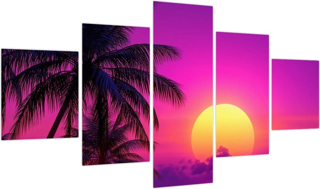 Obraz - Fioletowy zachód słońca z palmą (125x70 cm)
