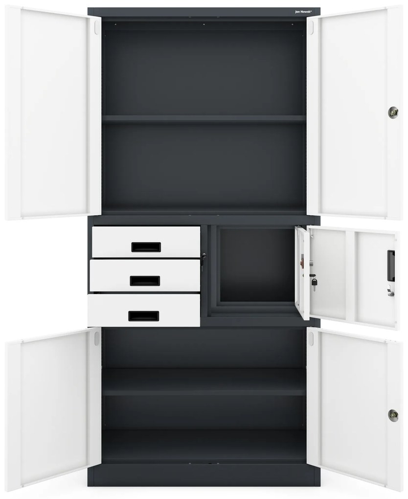 Szafa biurowa metalowa z sejfem i szufladami antracytowo-biała, 900x1850x400 mm: FILIP II
