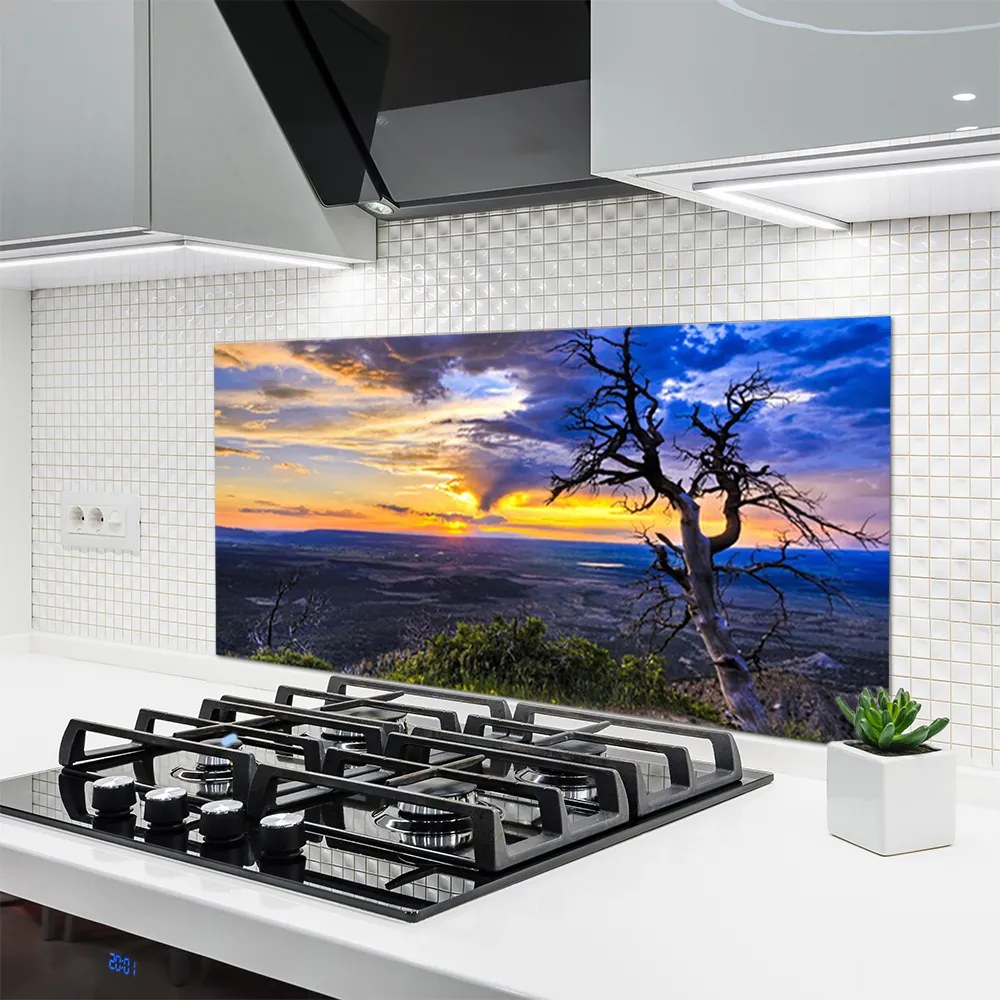 Panel Szklany do Kuchni Sylwetka Drzewa o Zachodzie