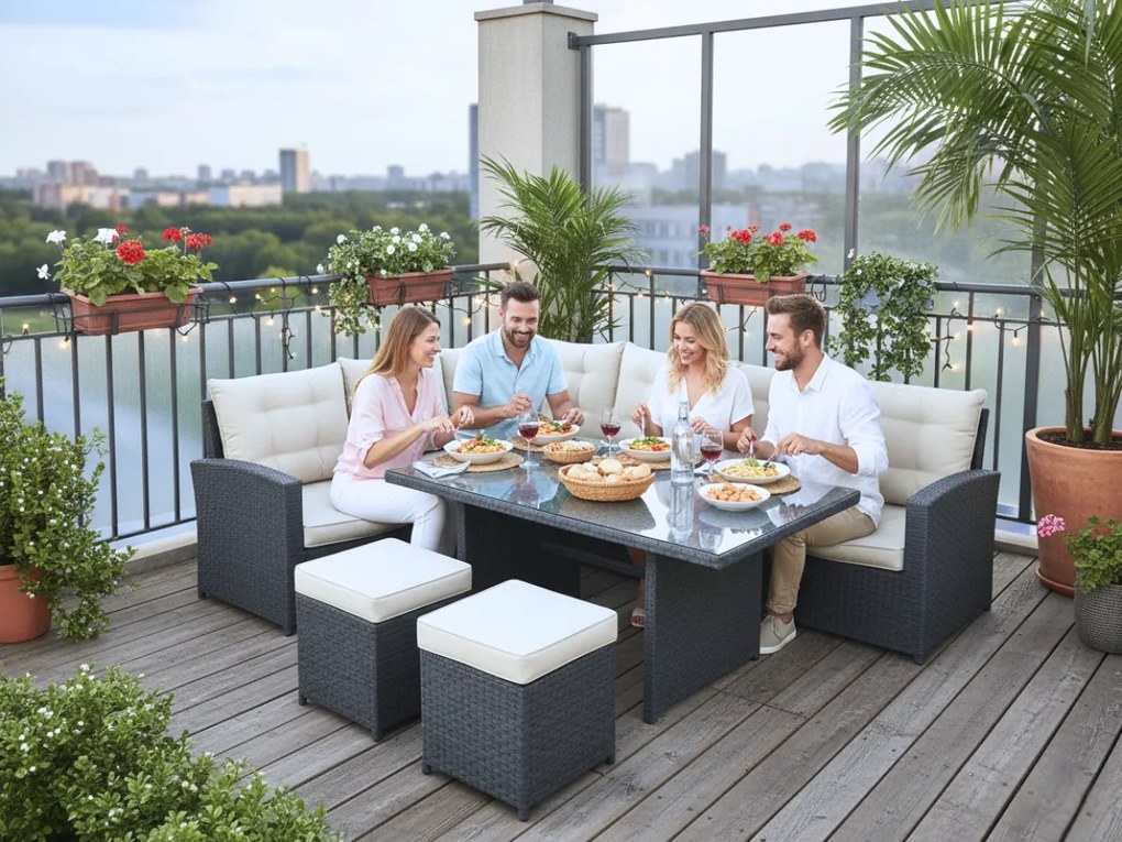 Outlet Narożnik szary technorattan wysoki stół pufy BOSCO