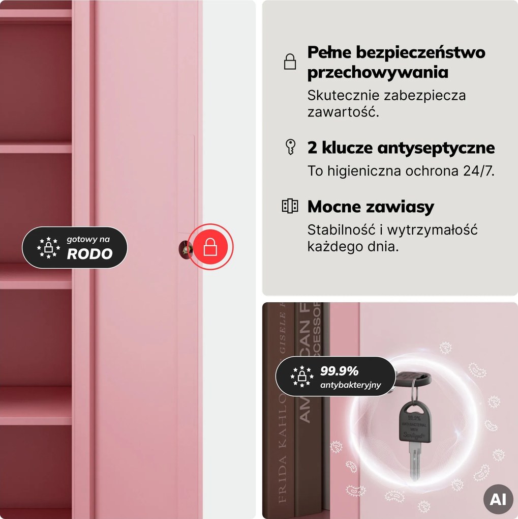 Szafa biurowa metalowa na akta, wąska, pudrowy róż, 450x1850x400 mm: ALEX Fresh Style