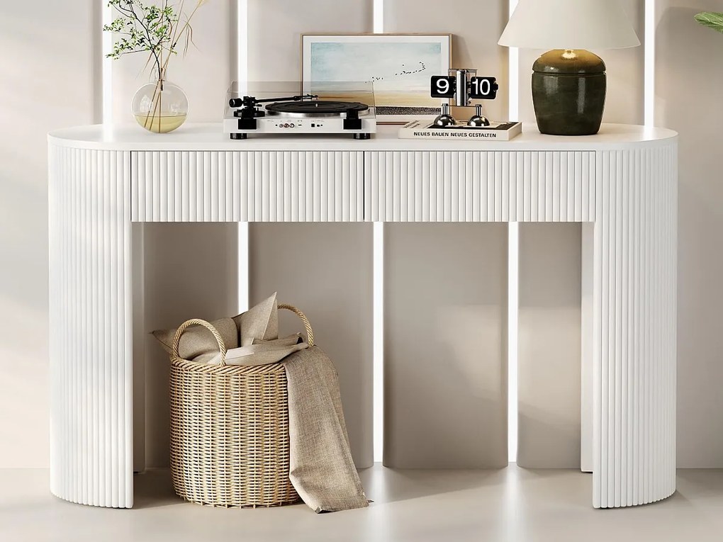 Stół konsolowy 120x33x76cm - z 2 szufladami - Zaokrąglone rogi - MDF - Biały