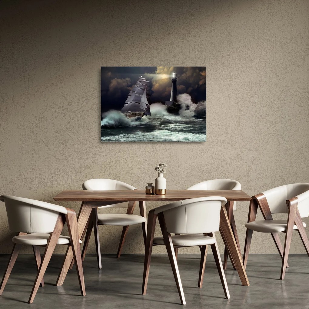 Obraz na szkle - Statek płynący przez wzburzone fale (70x50 cm)