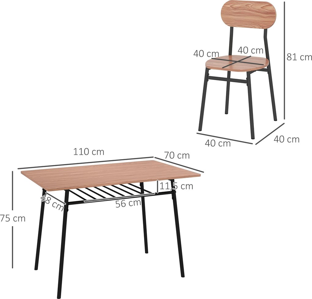 HOMCOM Zestaw stolik stołowy z krzesłami do jadalni, design przemysłowy, 110 cm x 70 cm x 75 cm, Brąz