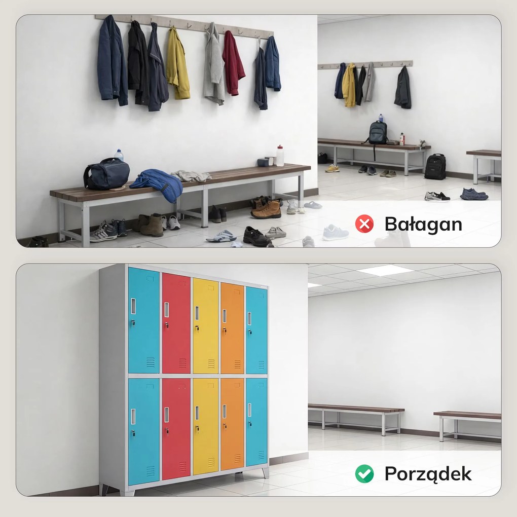 Szafa BHP ubraniowa 10-drzwiowa szaro-wielokolorowa: BARTEK 1360 x 1720 x 450 mm