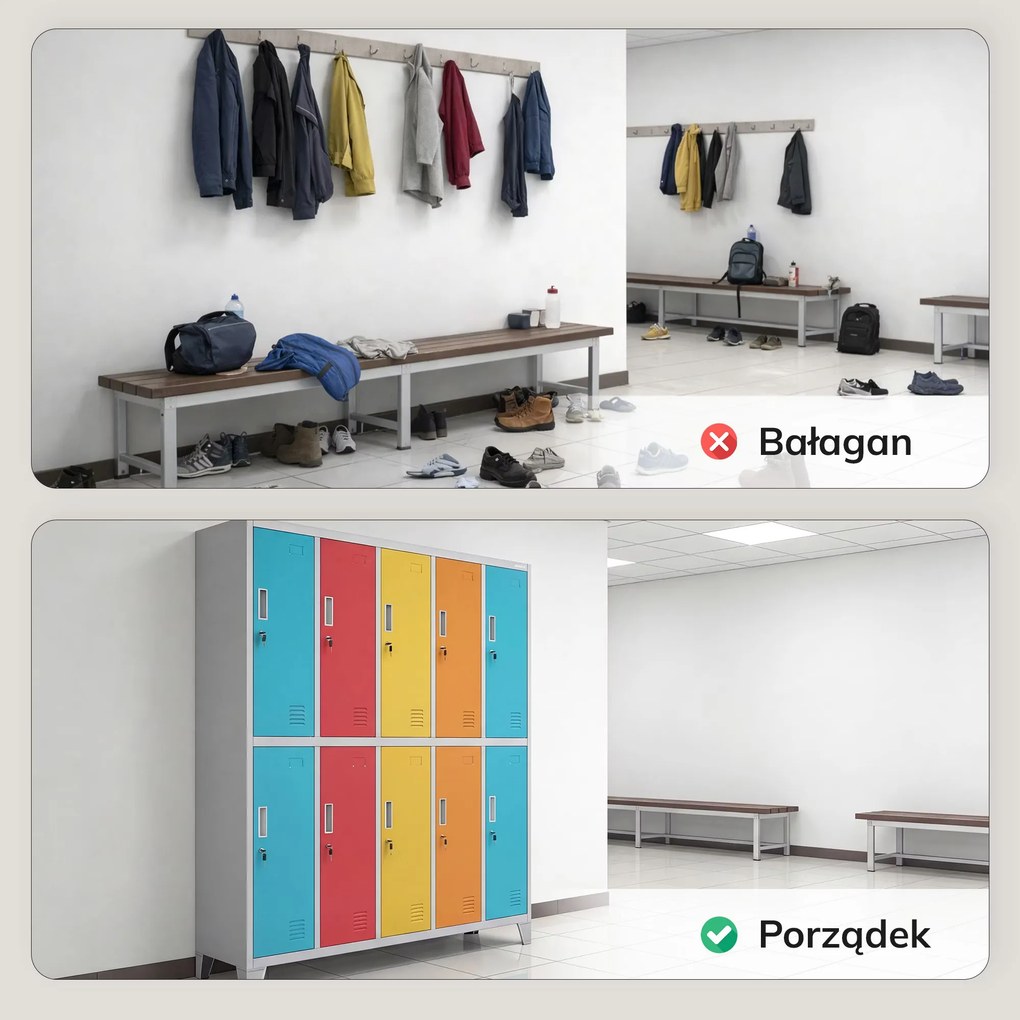 Szafa socjalna ubraniowa 10-drzwiowa szaro-wielokolorowa, 1360x1720x450 mm: BARTEK