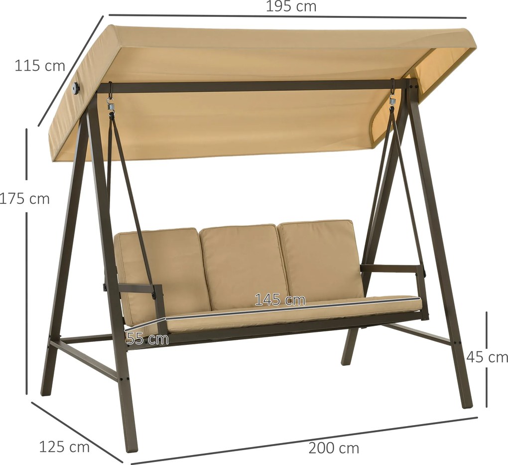 Outsunny Huśtawka Ogrodowa 3-osobowa z Regulowanym Daszkiem Beżowa 200x125x175cm | Aosom PL