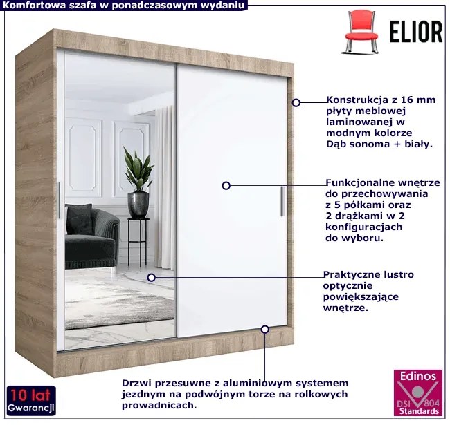 Szafa przesuwna dąb sonoma + biały 180 cm - Seko 5X