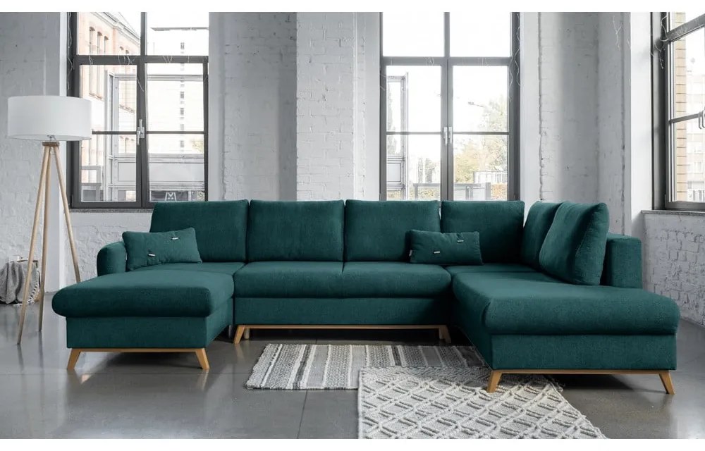 Turkusowa rozkładana sofa w kształcie litery "U" Miuform Scandic Lagom, prawostronna