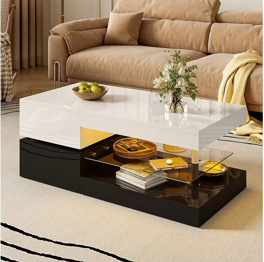 Stolik kawowy błyszczący - 90 x 45 x 35,5 cm - z diodami LED + półka szklana - płyta wiórowa - biały + czarny