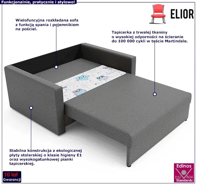 Kanapa dziecięca / młodzieżowa szara + sowy - Dayton 5X