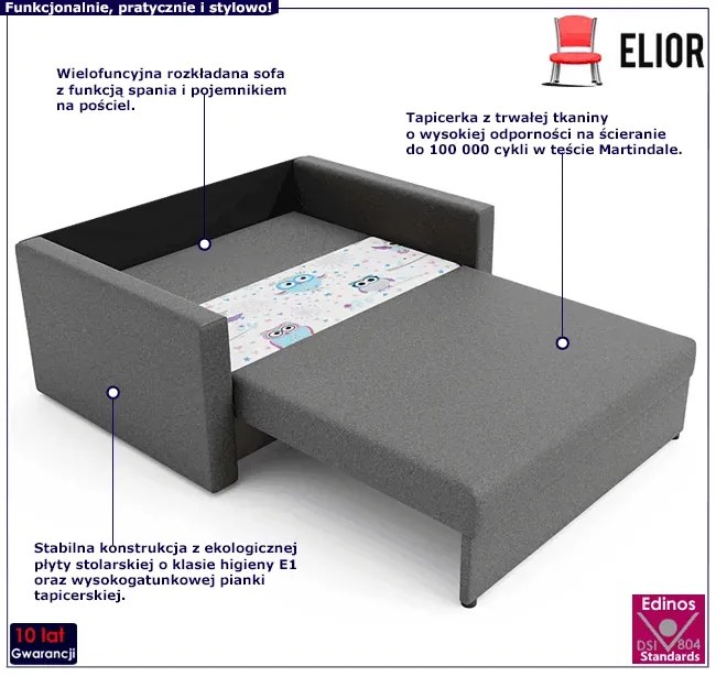 Kanapa dziecięca / młodzieżowa szara + sowy M3-N51